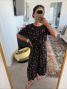 Women’s Black Floral Midi Dress with Drawstring Waist